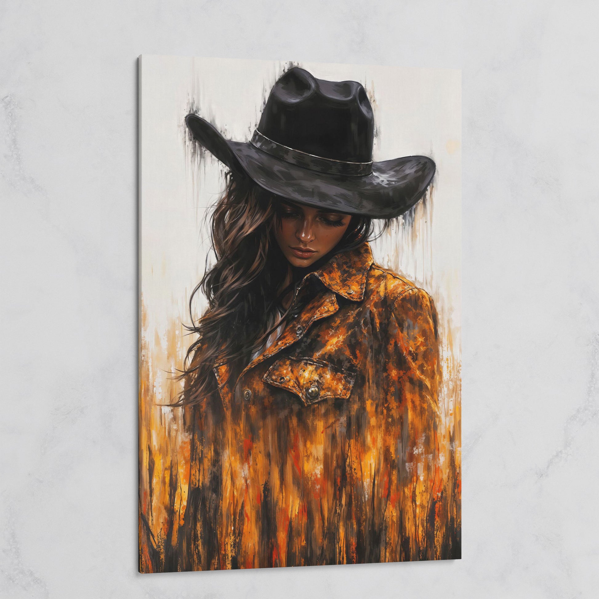 Abstract Cowgirl Portrait Canvas Wall Art with Cowboy Hat on gallery wrap