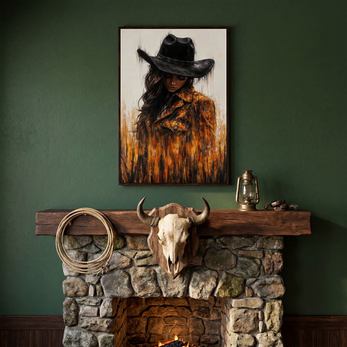 Abstract Cowgirl Portrait Canvas Wall Art with Cowboy Hat in dark walnut floating frame