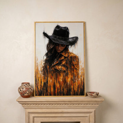 Abstract Cowgirl Portrait Canvas Wall Art with Cowboy Hat in white oak floating frame