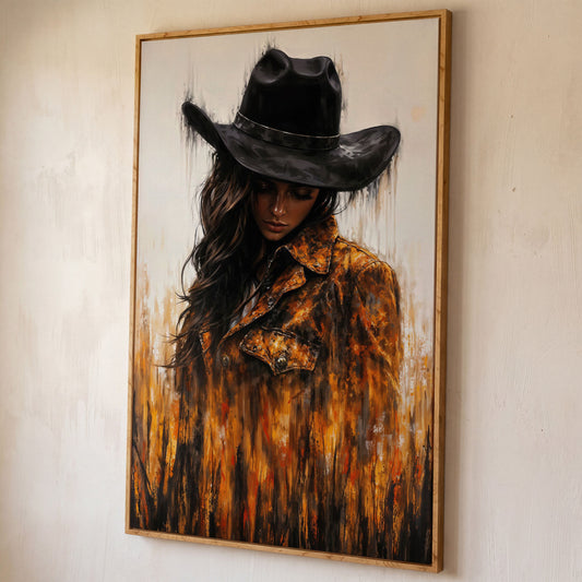 Abstract Cowgirl Portrait Canvas Wall Art with Cowboy Hat shown in white oak floating frame