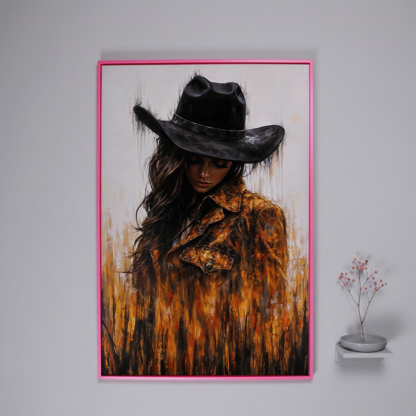 Abstract Cowgirl Portrait Canvas Wall Art with Cowboy Hat in pink floating frame