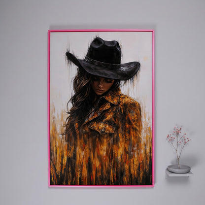 Abstract Cowgirl Portrait Canvas Wall Art with Cowboy Hat in pink floating frame