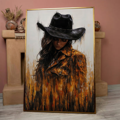 Abstract Cowgirl Portrait Canvas Wall Art with Cowboy Hat in rose gold floating frame