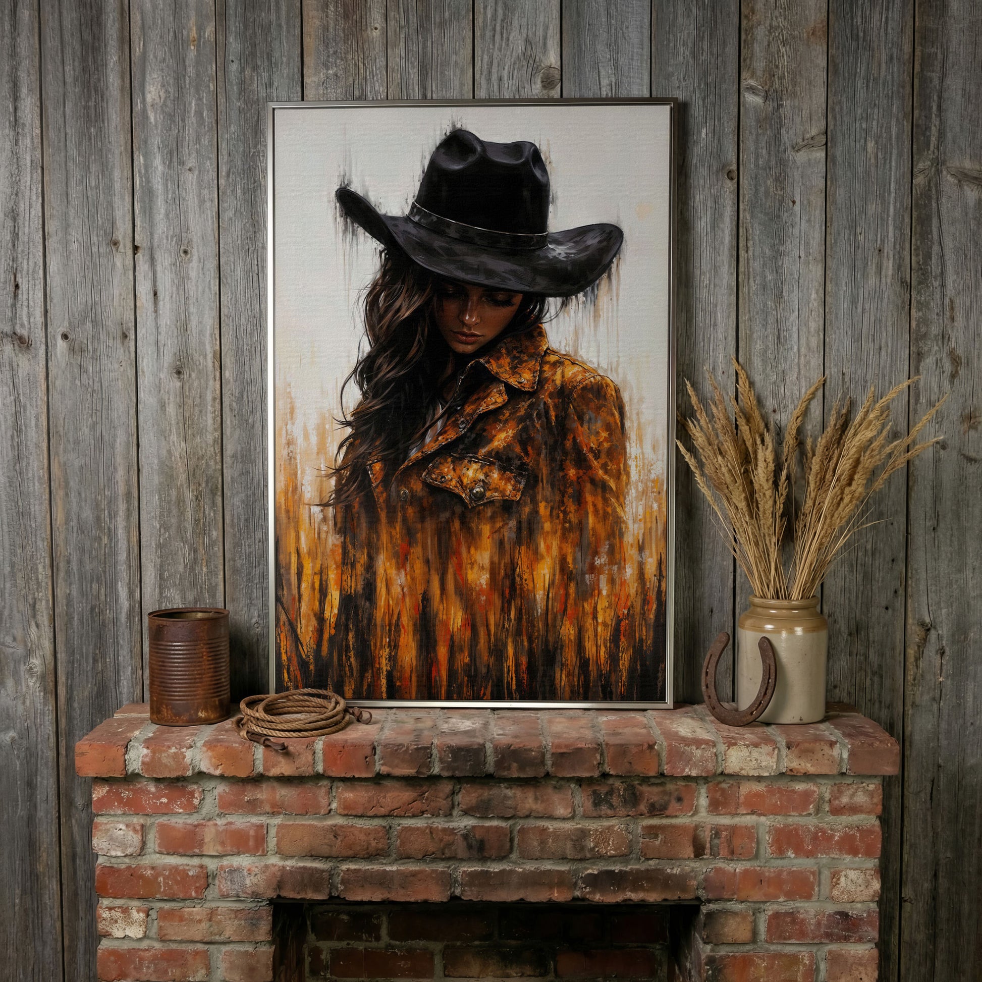 Abstract Cowgirl Portrait Canvas Wall Art with Cowboy Hat in silver floating frame