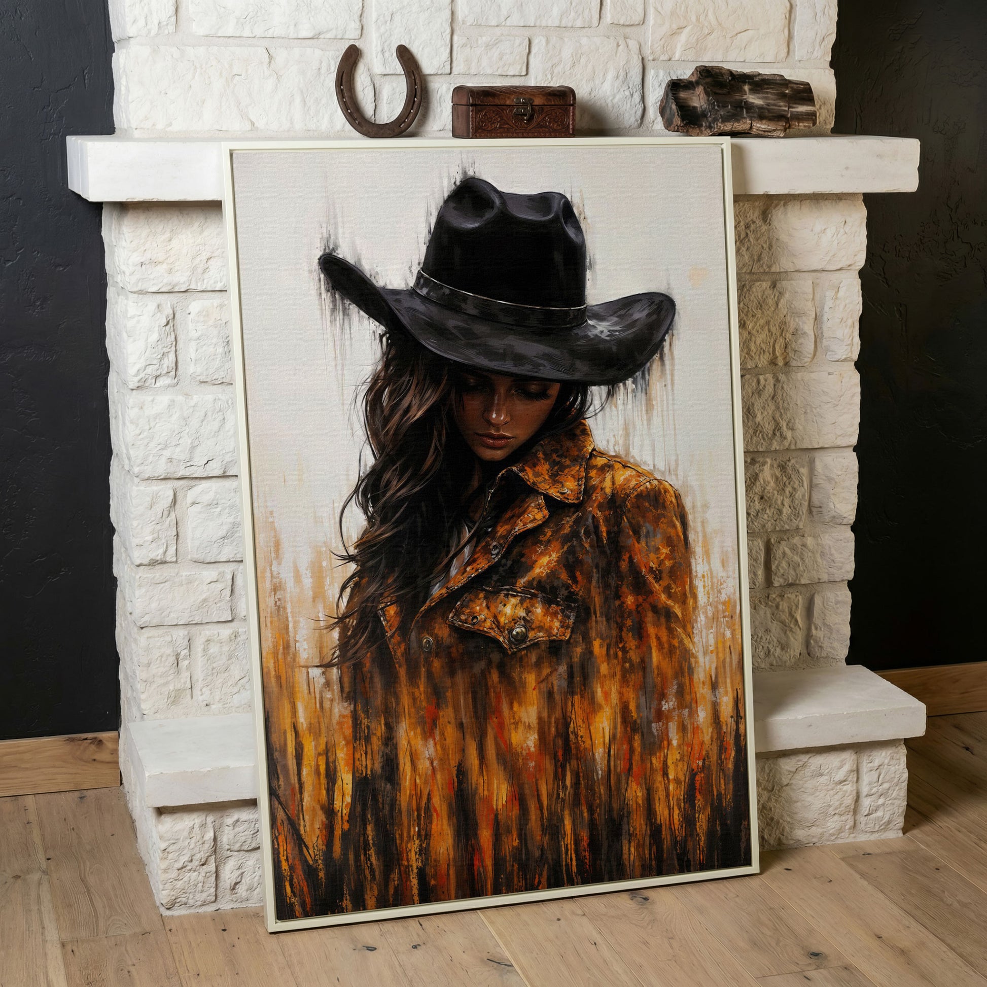 Abstract Cowgirl Portrait Canvas Wall Art with Cowboy Hat in white floating frame