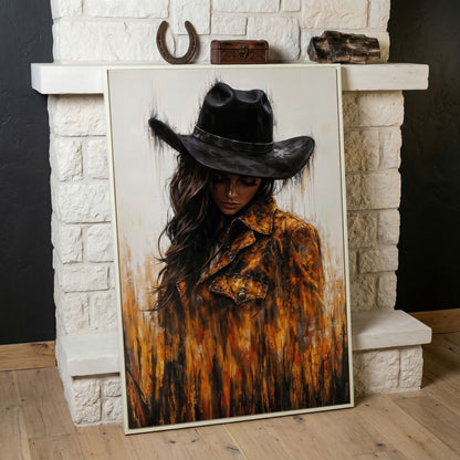 Abstract Cowgirl Portrait Canvas Wall Art with Cowboy Hat in white floating frame