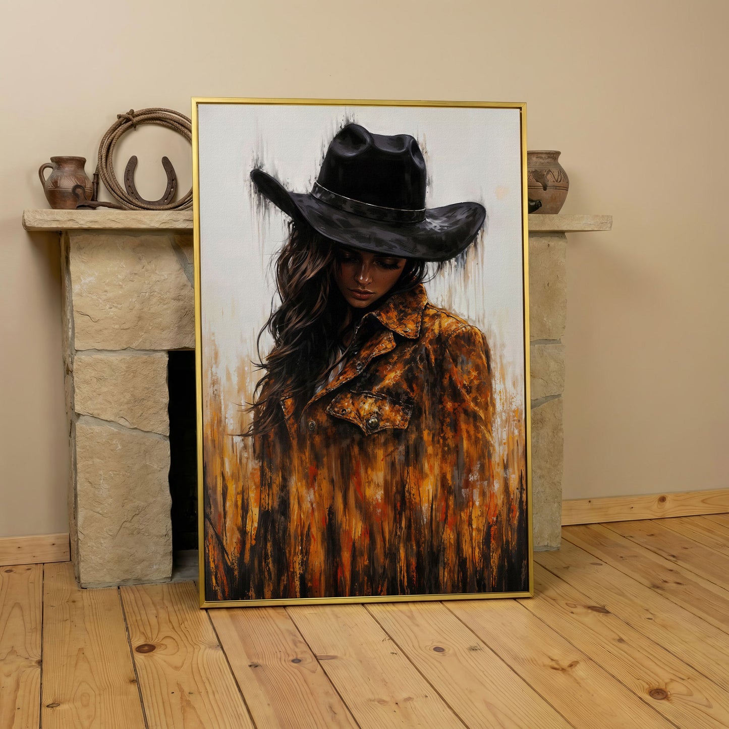 Abstract Cowgirl Portrait Canvas Wall Art with Cowboy Hat in yellow gold floating frame