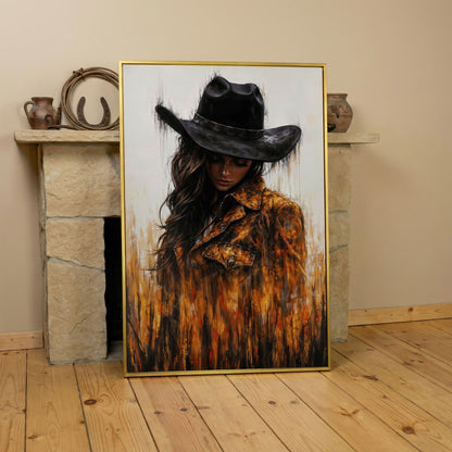 Abstract Cowgirl Portrait Canvas Wall Art with Cowboy Hat in yellow gold floating frame