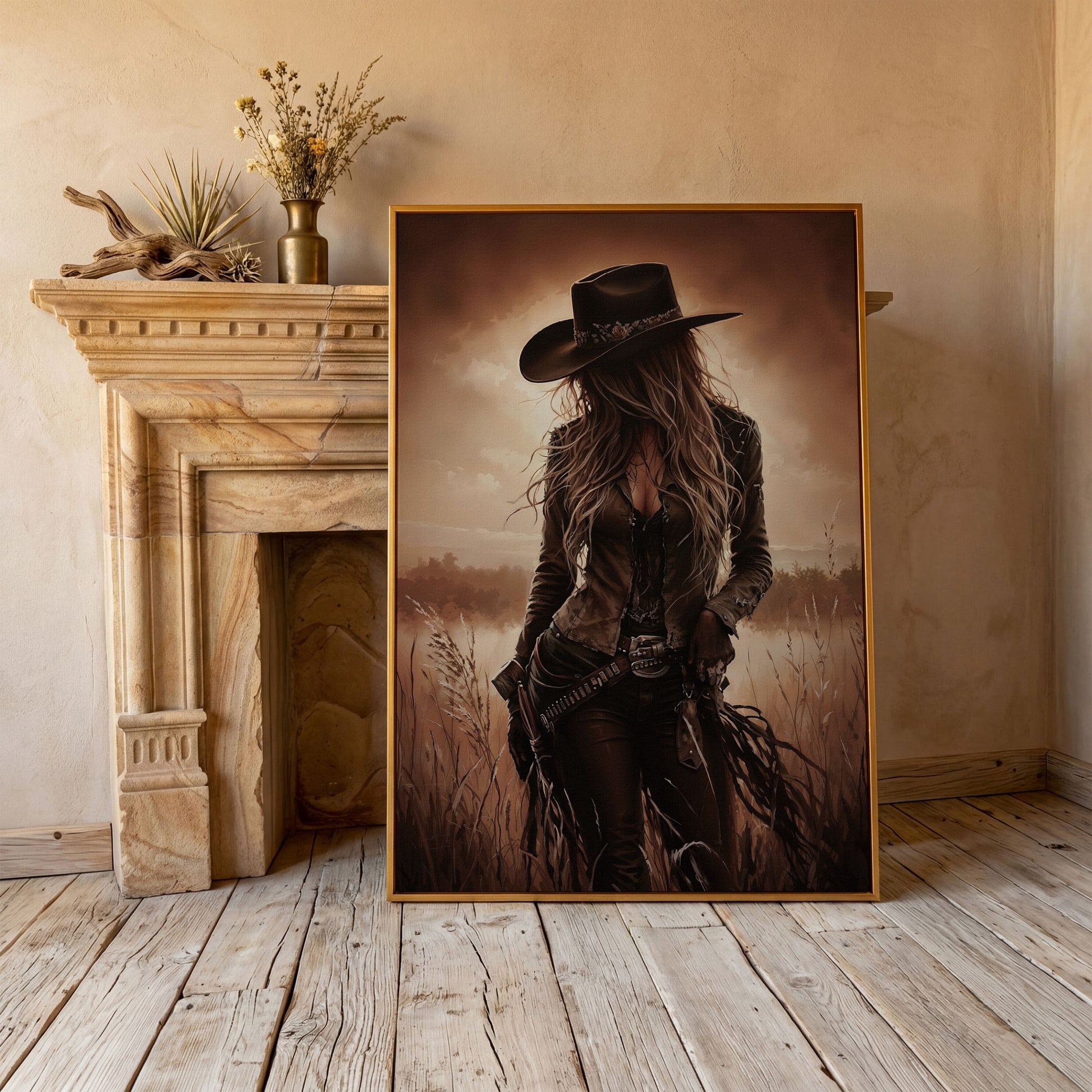 Cowgirl in the Field Canvas Wall Art, Western Portrait in antique gold floating frame