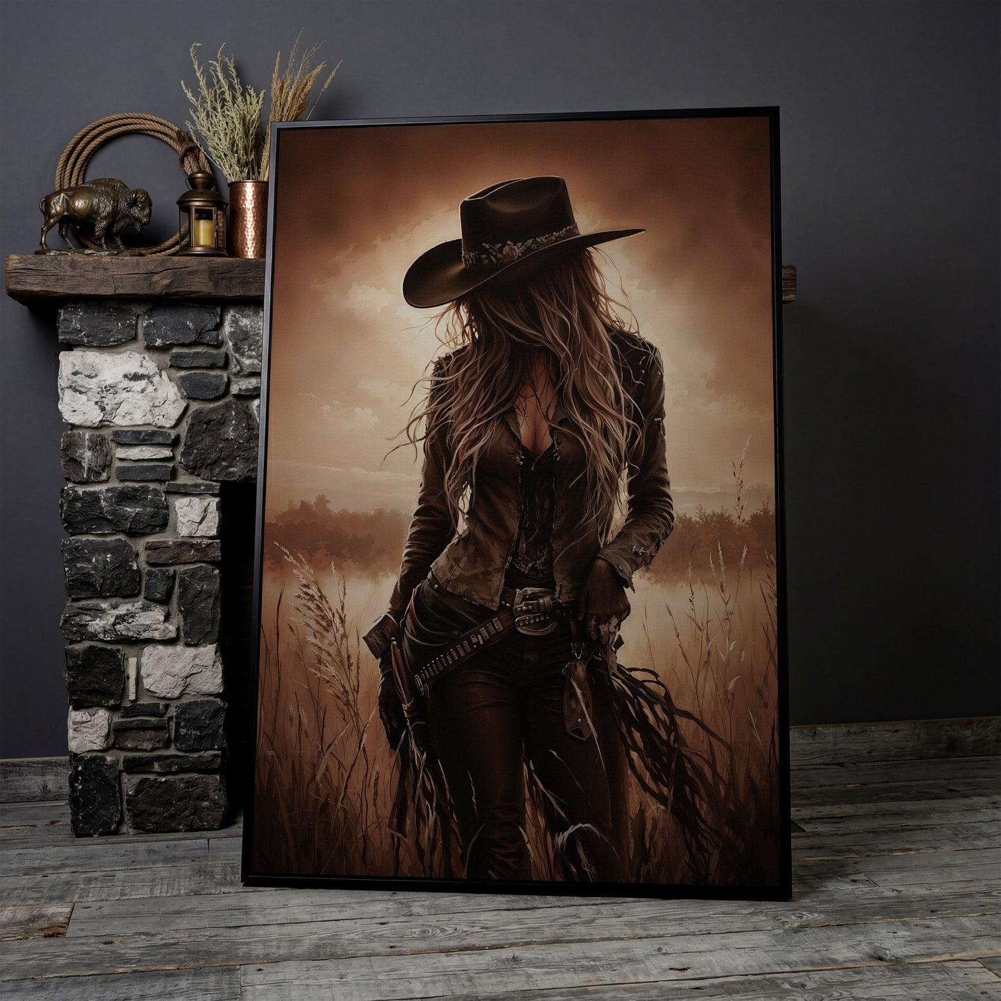 Cowgirl in the Field Canvas Wall Art, Western Portrait in black floating frame