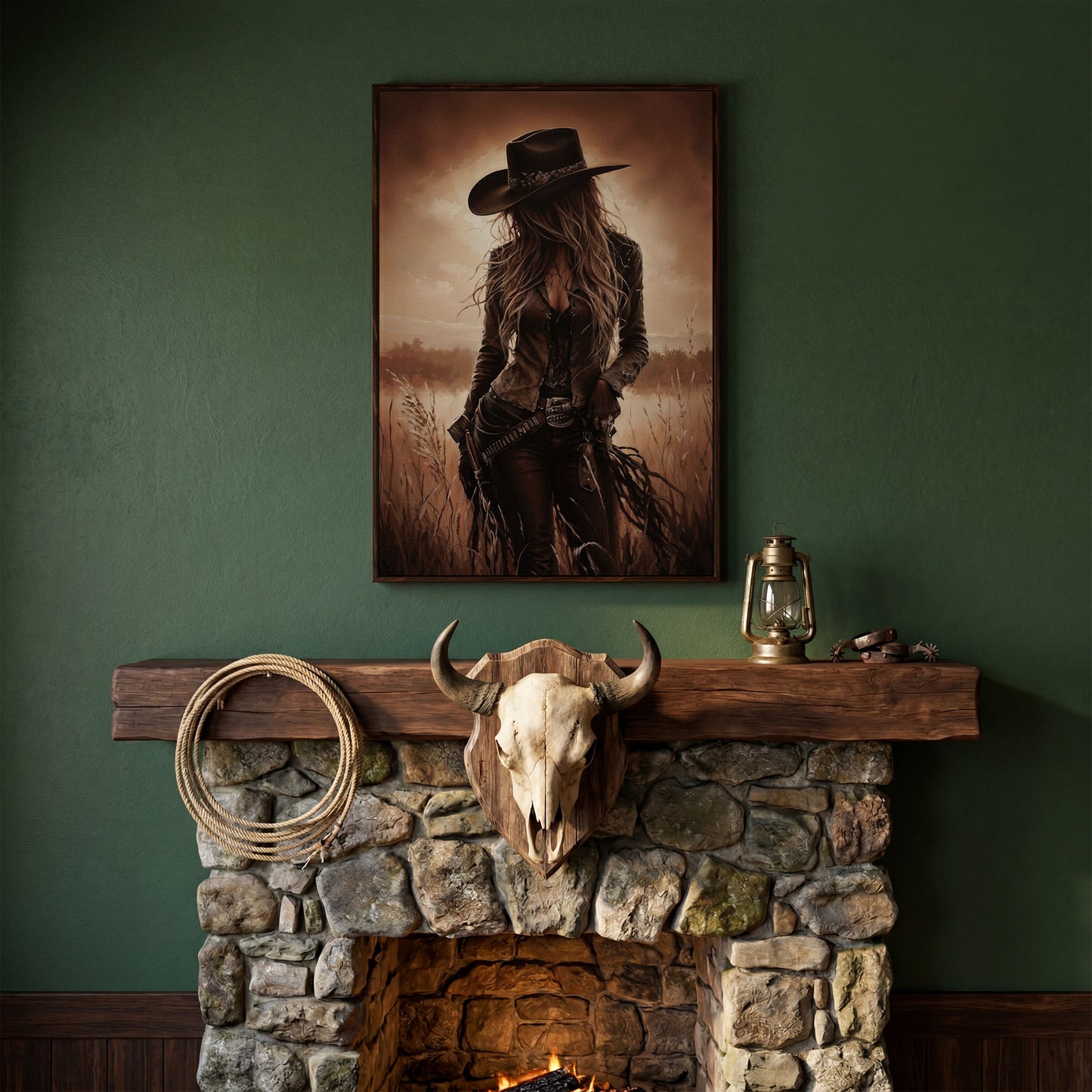 Cowgirl in the Field Canvas Wall Art, Western Portrait in dark walnut floating frame