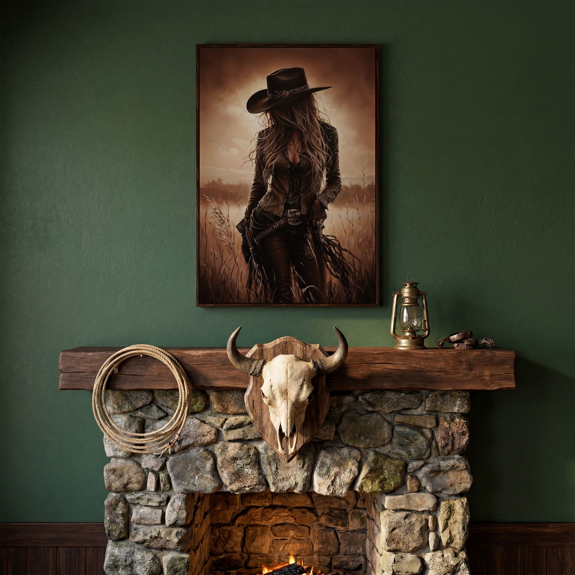 Cowgirl in the Field Canvas Wall Art, Western Portrait in dark walnut floating frame