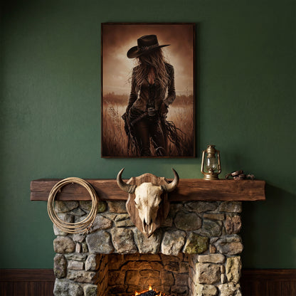 Cowgirl in the Field Canvas Wall Art, Western Portrait in dark walnut floating frame