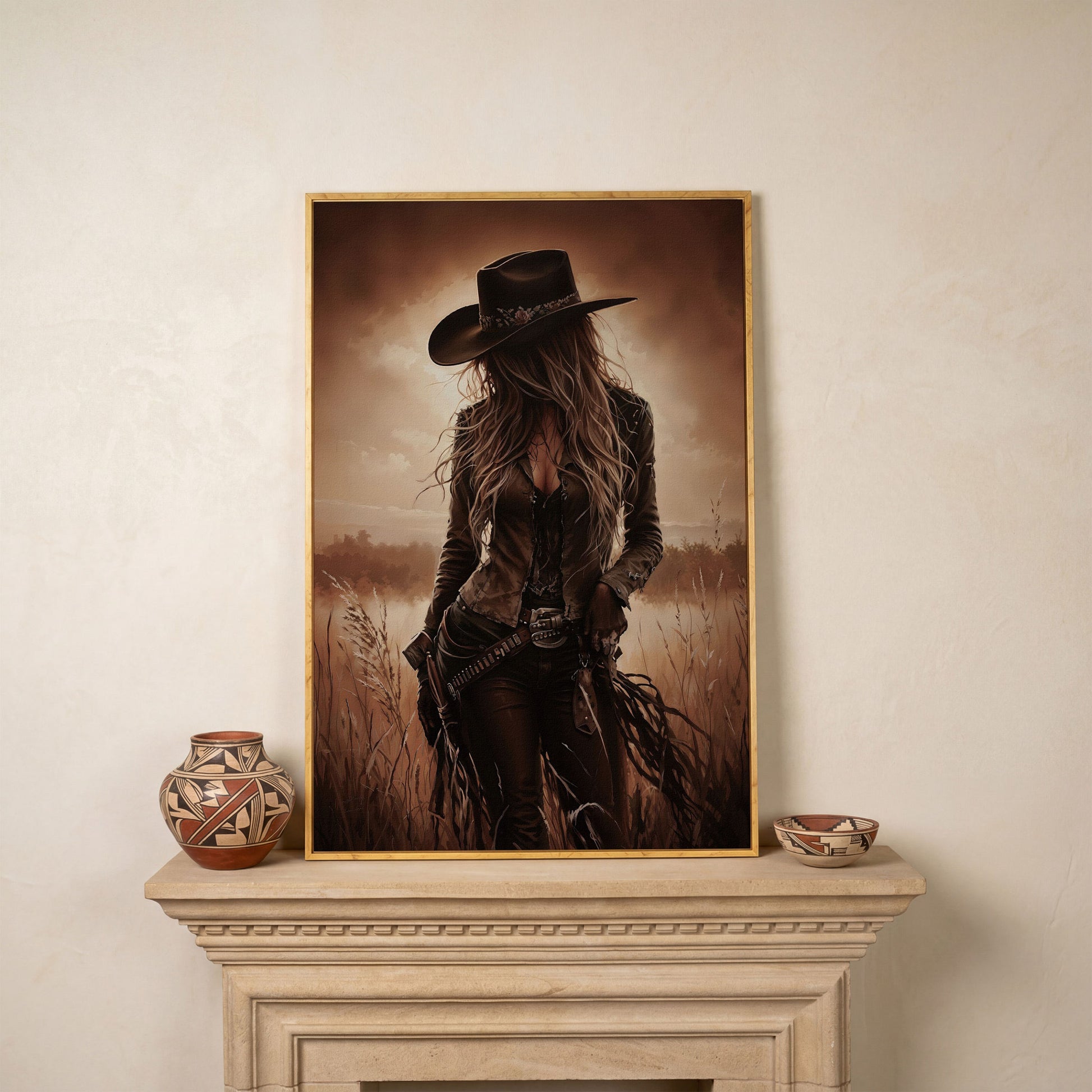 Cowgirl in the Field Canvas Wall Art, Western Portrait in white oak floating frame