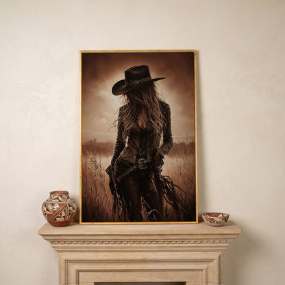 Cowgirl in the Field Canvas Wall Art, Western Portrait in white oak floating frame