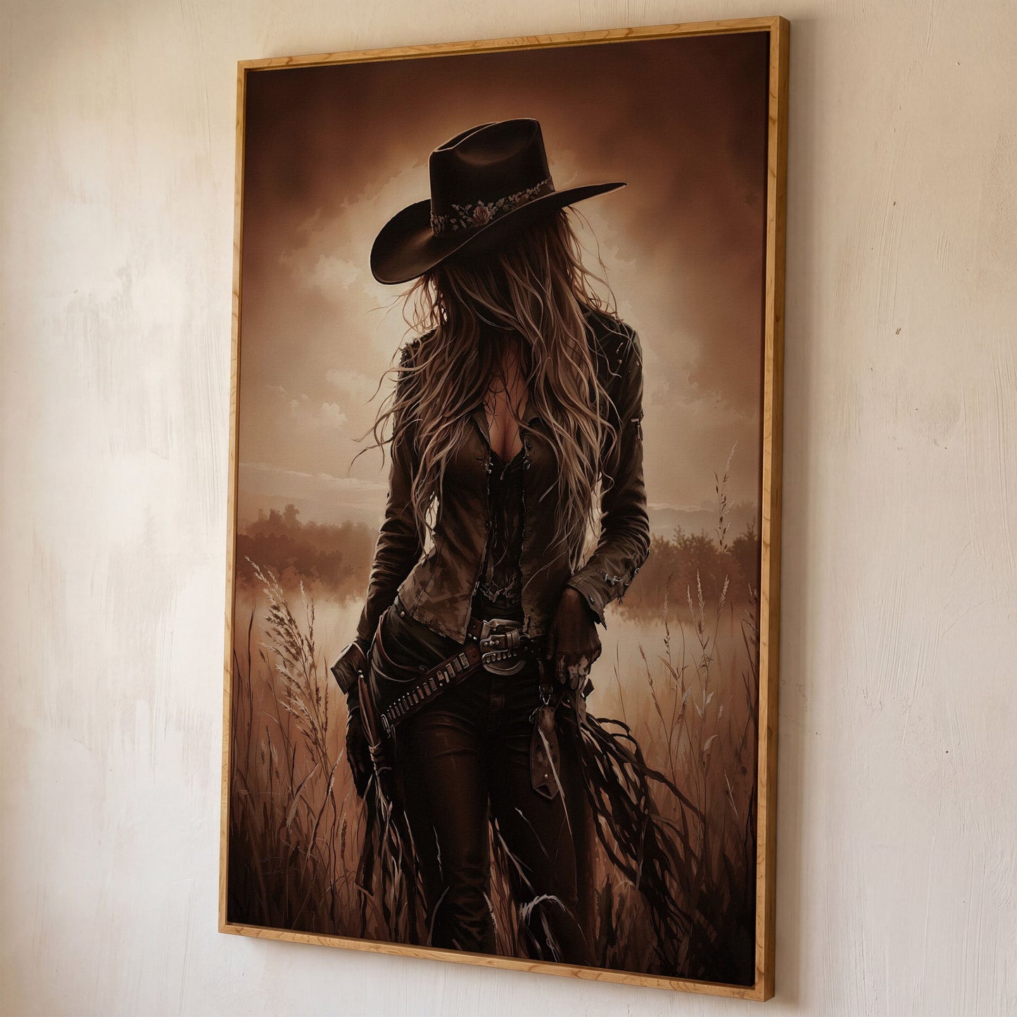 Cowgirl in the Field Canvas Wall Art, Western Portrait shown in white oak floating frame