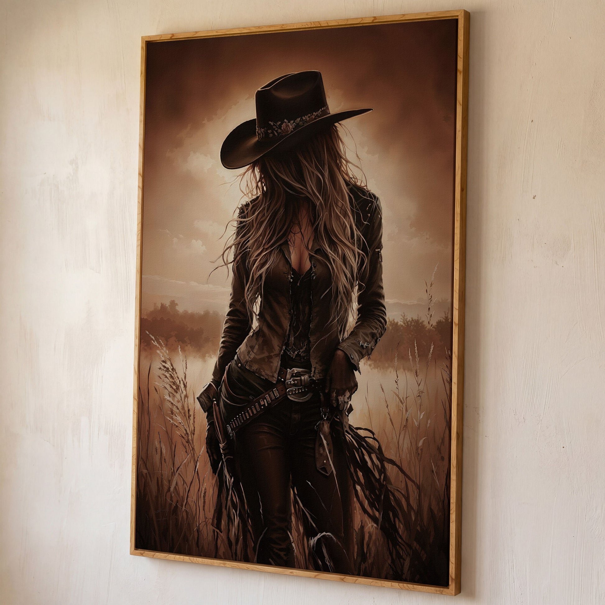 Cowgirl in the Field Canvas Wall Art, Western Portrait shown in white oak floating frame