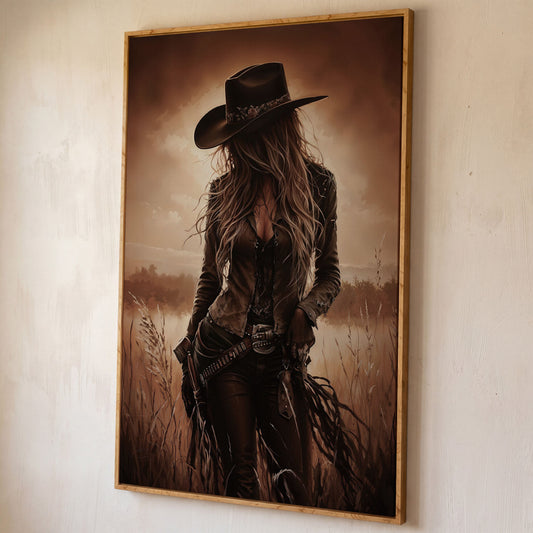 Cowgirl in the Field Canvas Wall Art, Western Portrait shown in white oak floating frame