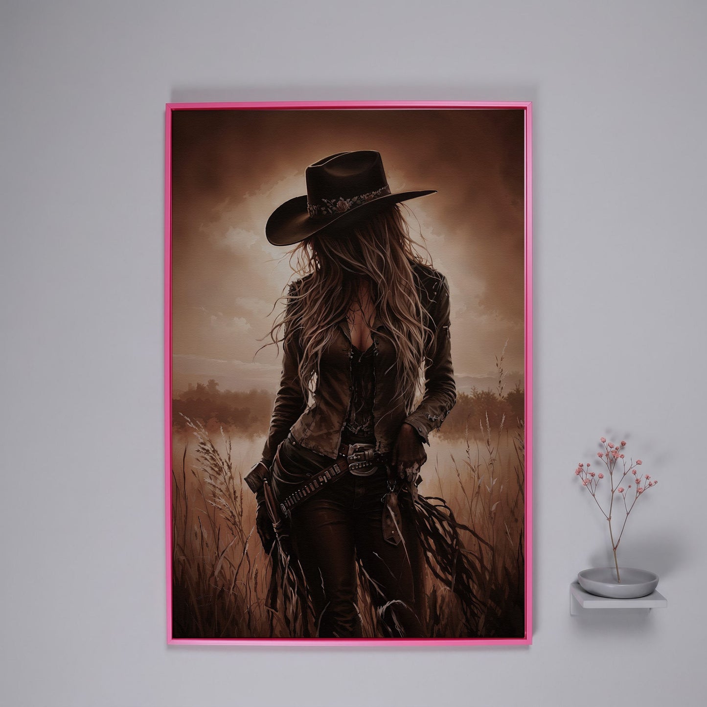 Cowgirl in the Field Canvas Wall Art, Western Portrait in pink floating frame