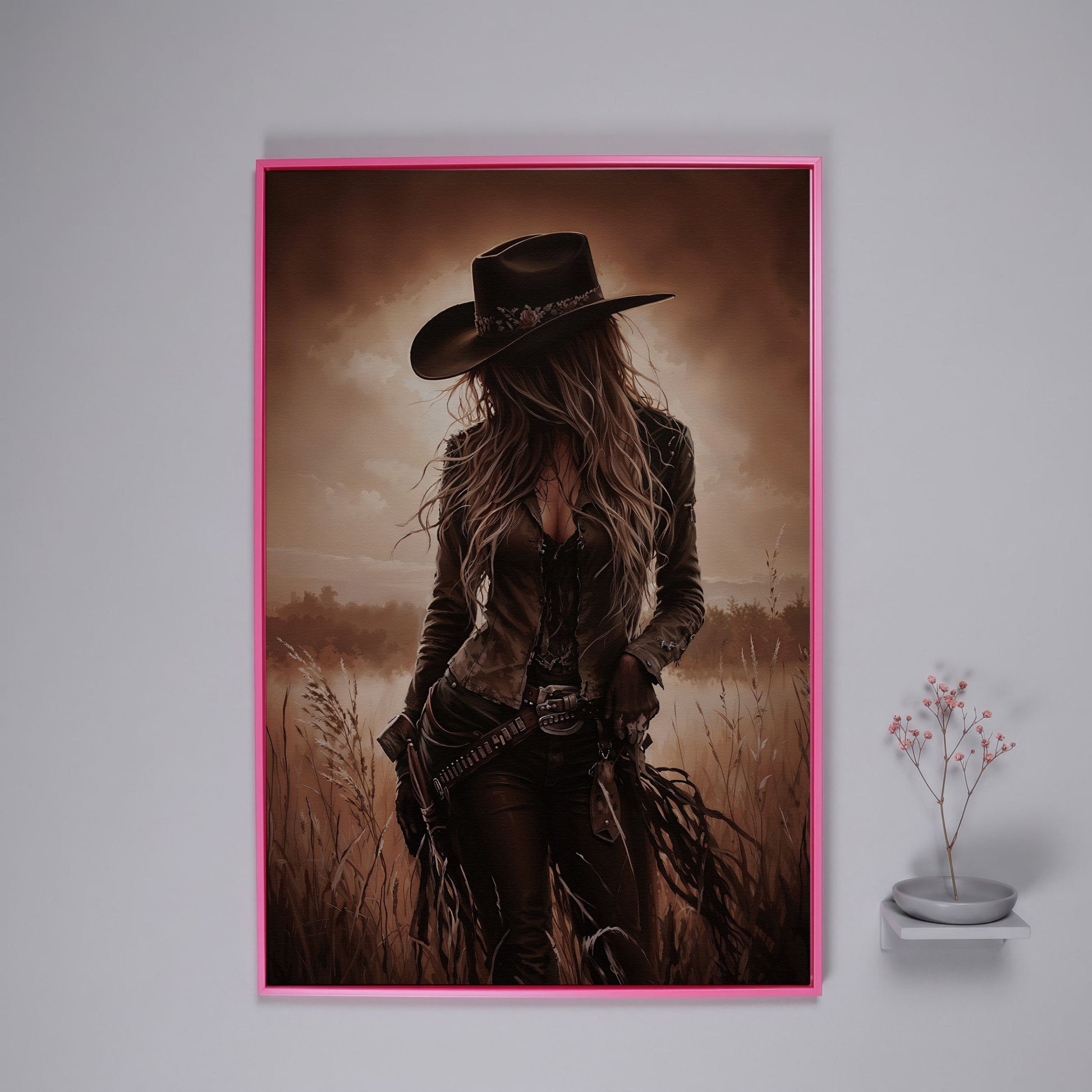 Cowgirl in the Field Canvas Wall Art, Western Portrait in pink floating frame