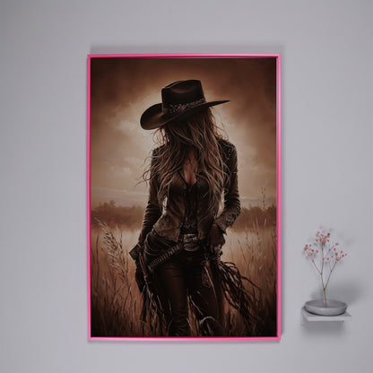Cowgirl in the Field Canvas Wall Art, Western Portrait in pink floating frame