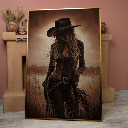 Cowgirl in the Field Canvas Wall Art, Western Portrait in rose gold floating frame