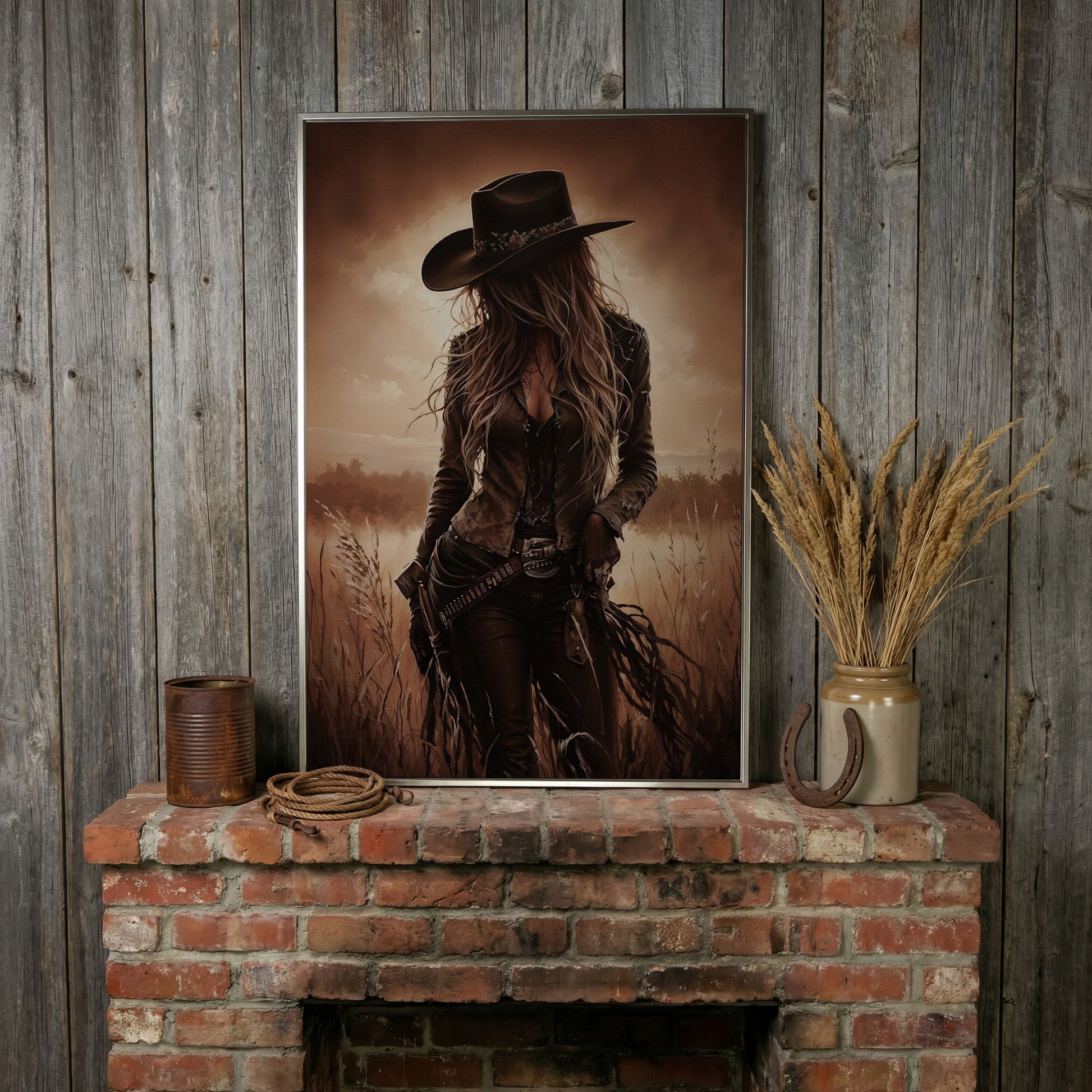 Cowgirl in the Field Canvas Wall Art, Western Portrait in silver floating frame