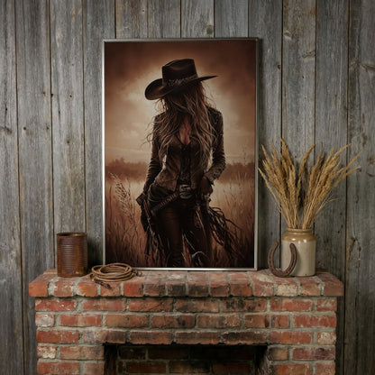 Cowgirl in the Field Canvas Wall Art, Western Portrait in silver floating frame