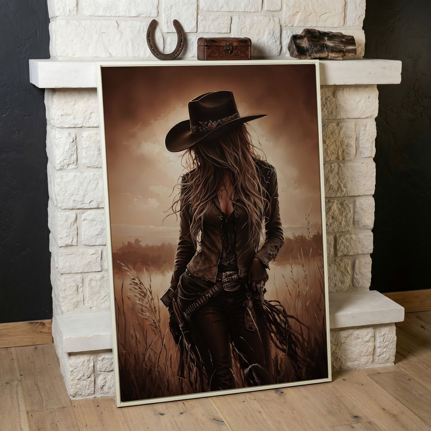 Cowgirl in the Field Canvas Wall Art, Western Portrait in white floating frame