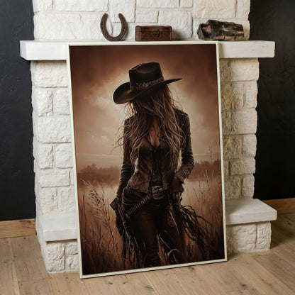 Cowgirl in the Field Canvas Wall Art, Western Portrait in white floating frame