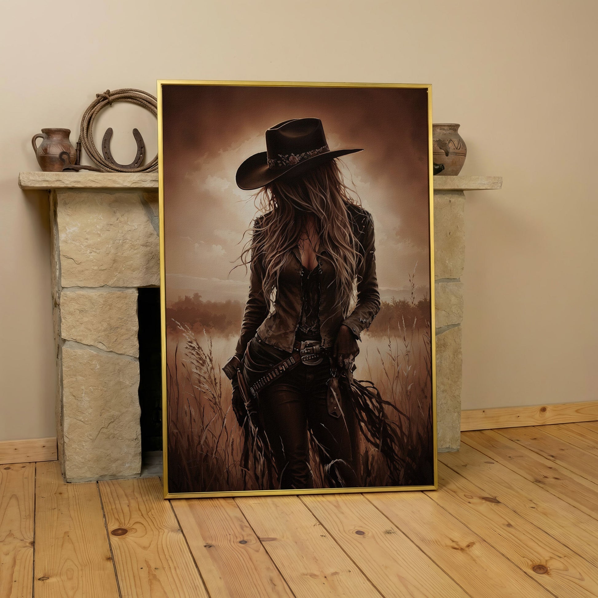 Cowgirl in the Field Canvas Wall Art, Western Portrait in yellow gold floating frame