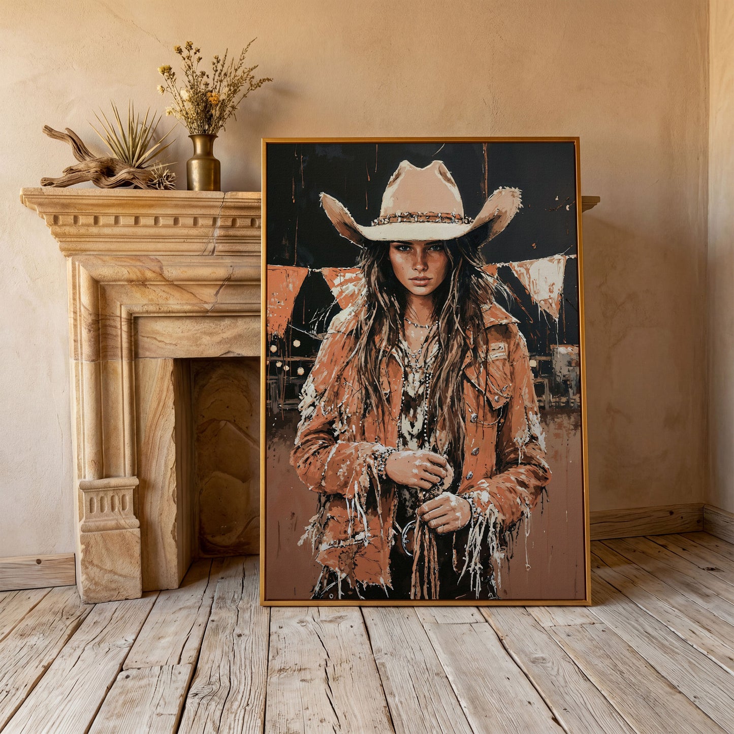 Rodeo Cowgirl Portrait Canvas Wall Art, Western Decor in antique gold floating frame