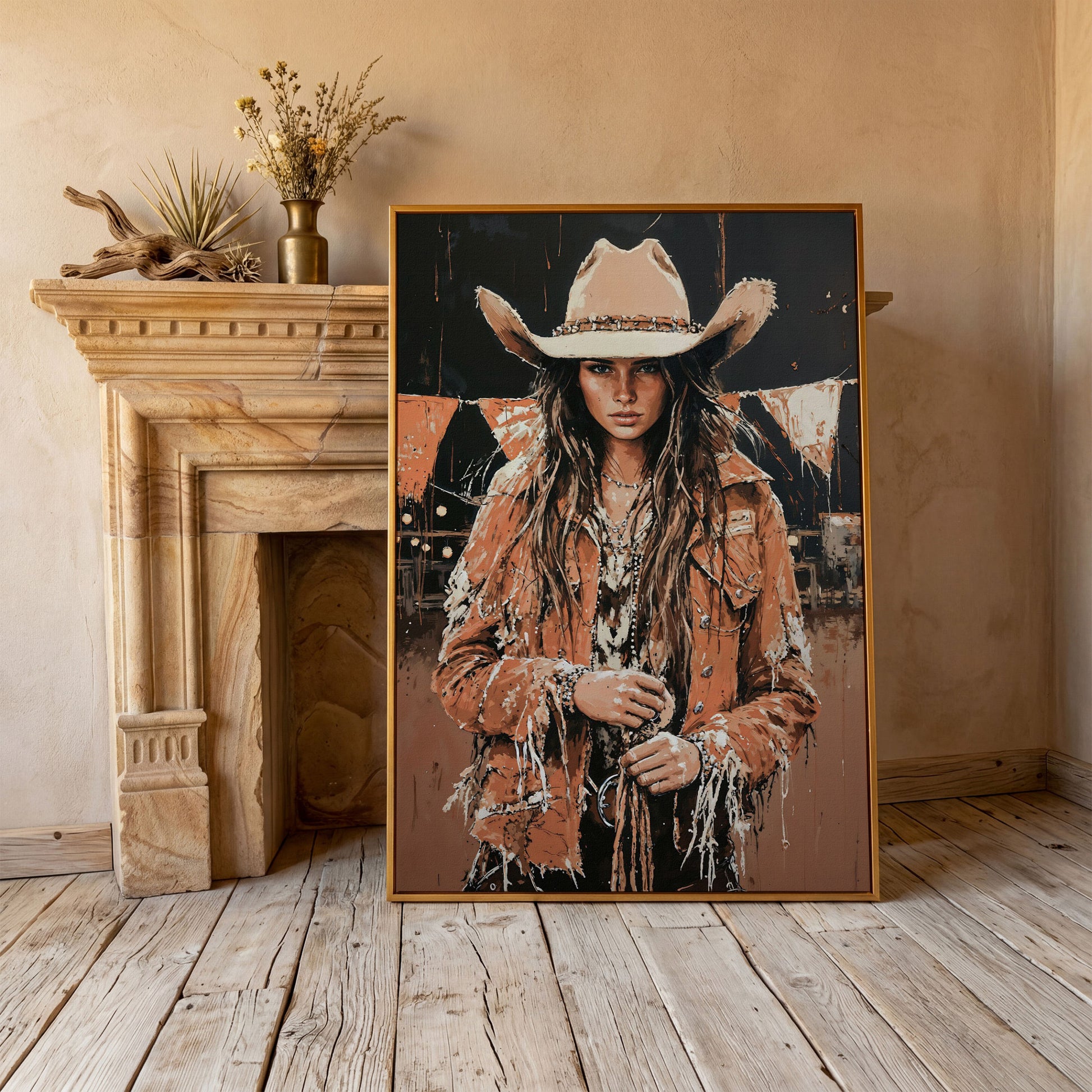 Rodeo Cowgirl Portrait Canvas Wall Art, Western Decor in antique gold floating frame