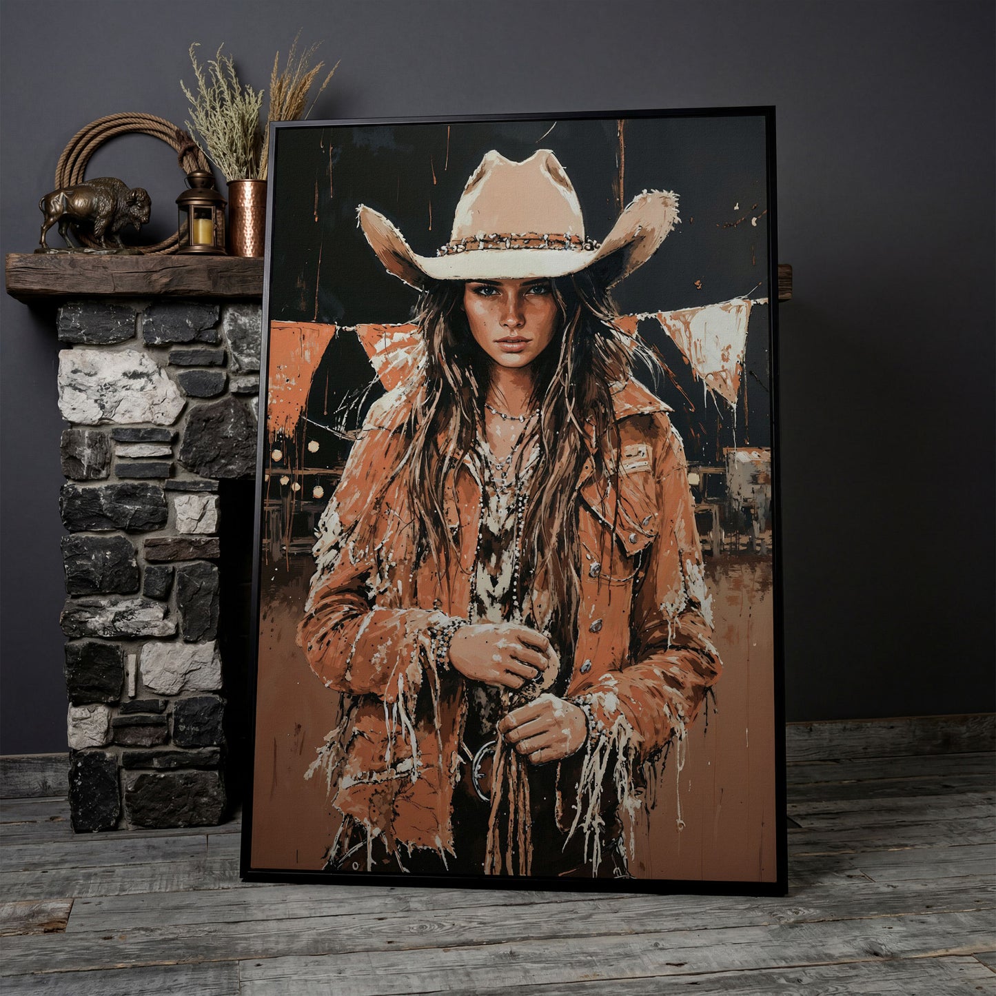 Rodeo Cowgirl Portrait Canvas Wall Art, Western Decor in black floating frame