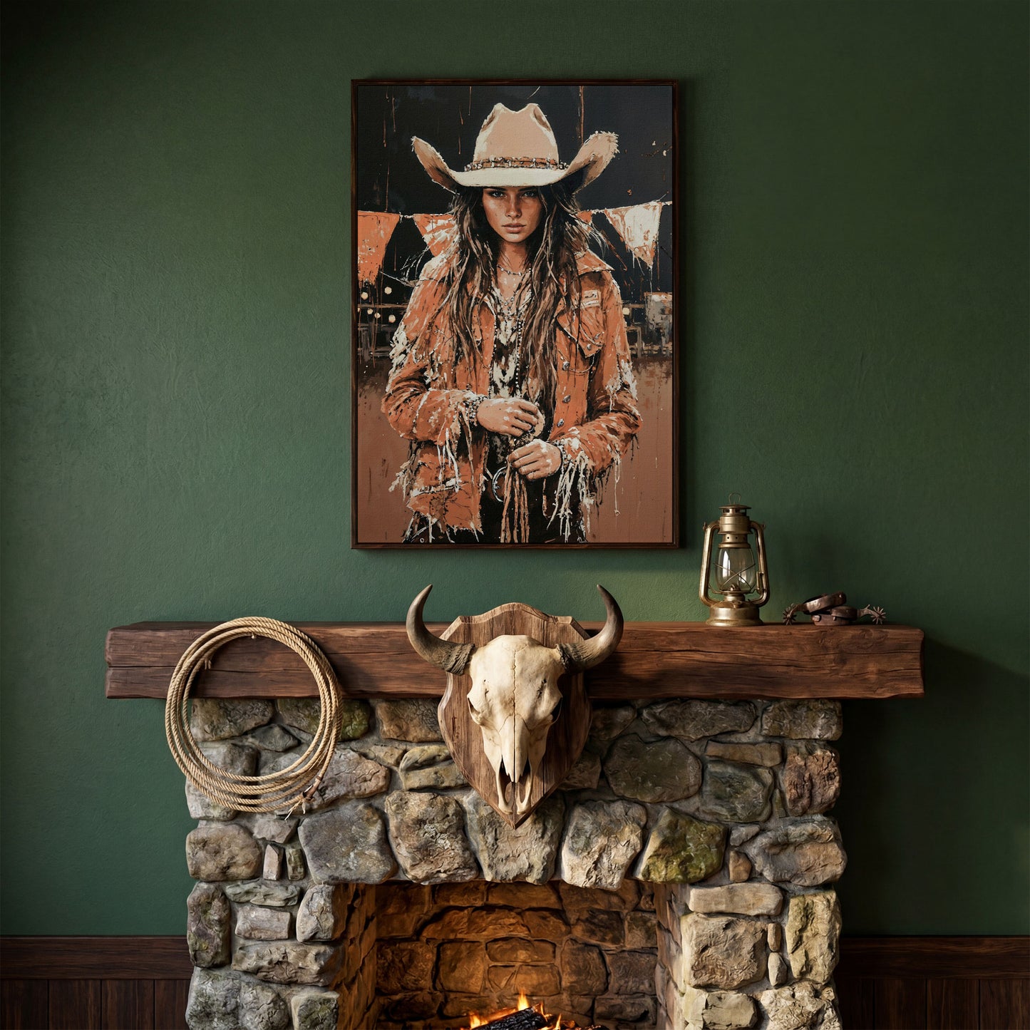 Rodeo Cowgirl Portrait Canvas Wall Art, Western Decor in dark walnut floating frame