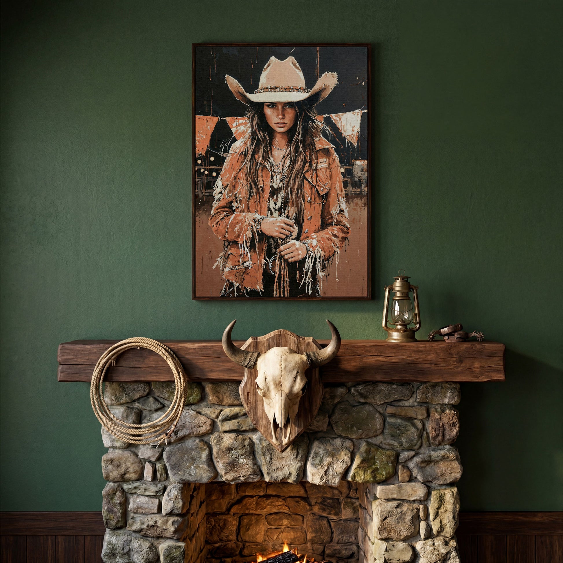 Rodeo Cowgirl Portrait Canvas Wall Art, Western Decor in dark walnut floating frame