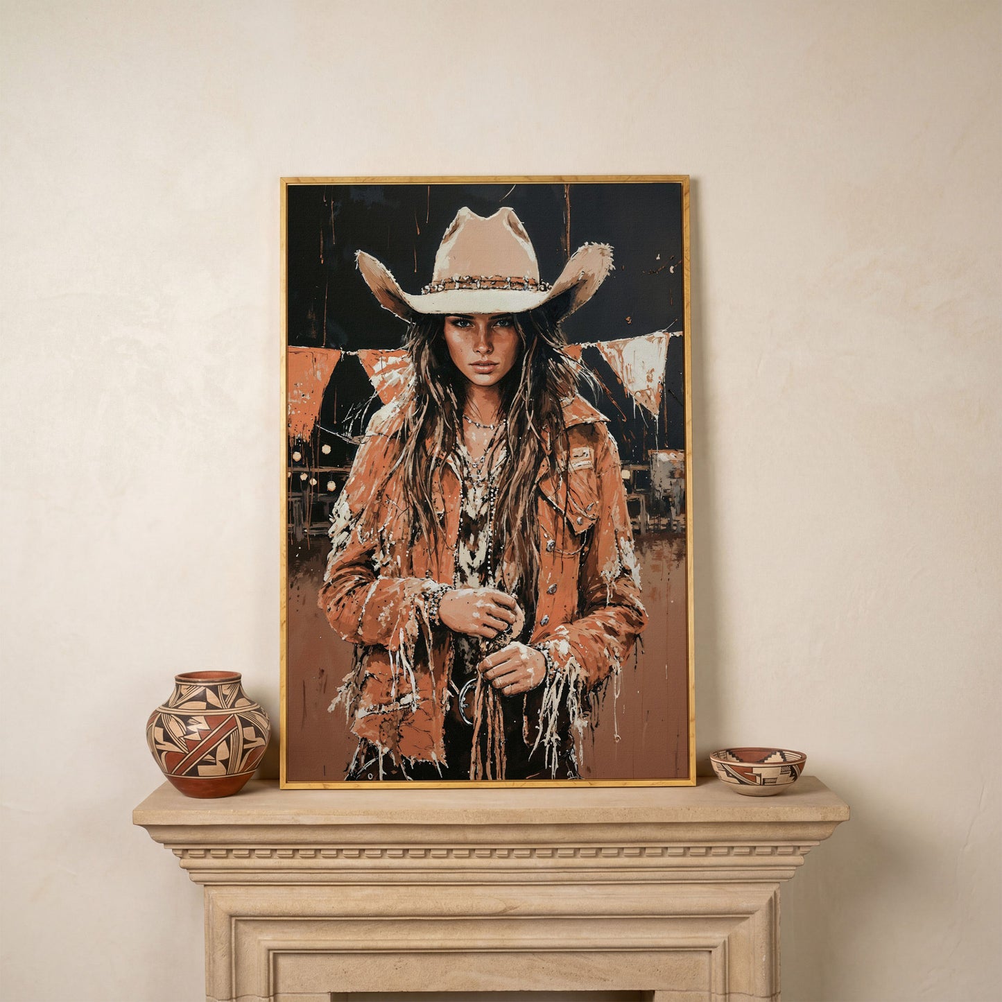 Rodeo Cowgirl Portrait Canvas Wall Art, Western Decor in white oak floating frame