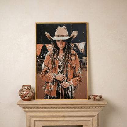 Rodeo Cowgirl Portrait Canvas Wall Art, Western Decor in white oak floating frame