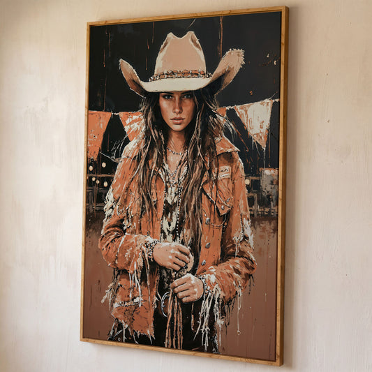 Rodeo Cowgirl Portrait Canvas Wall Art, Western Decor shown in white oak floating frame