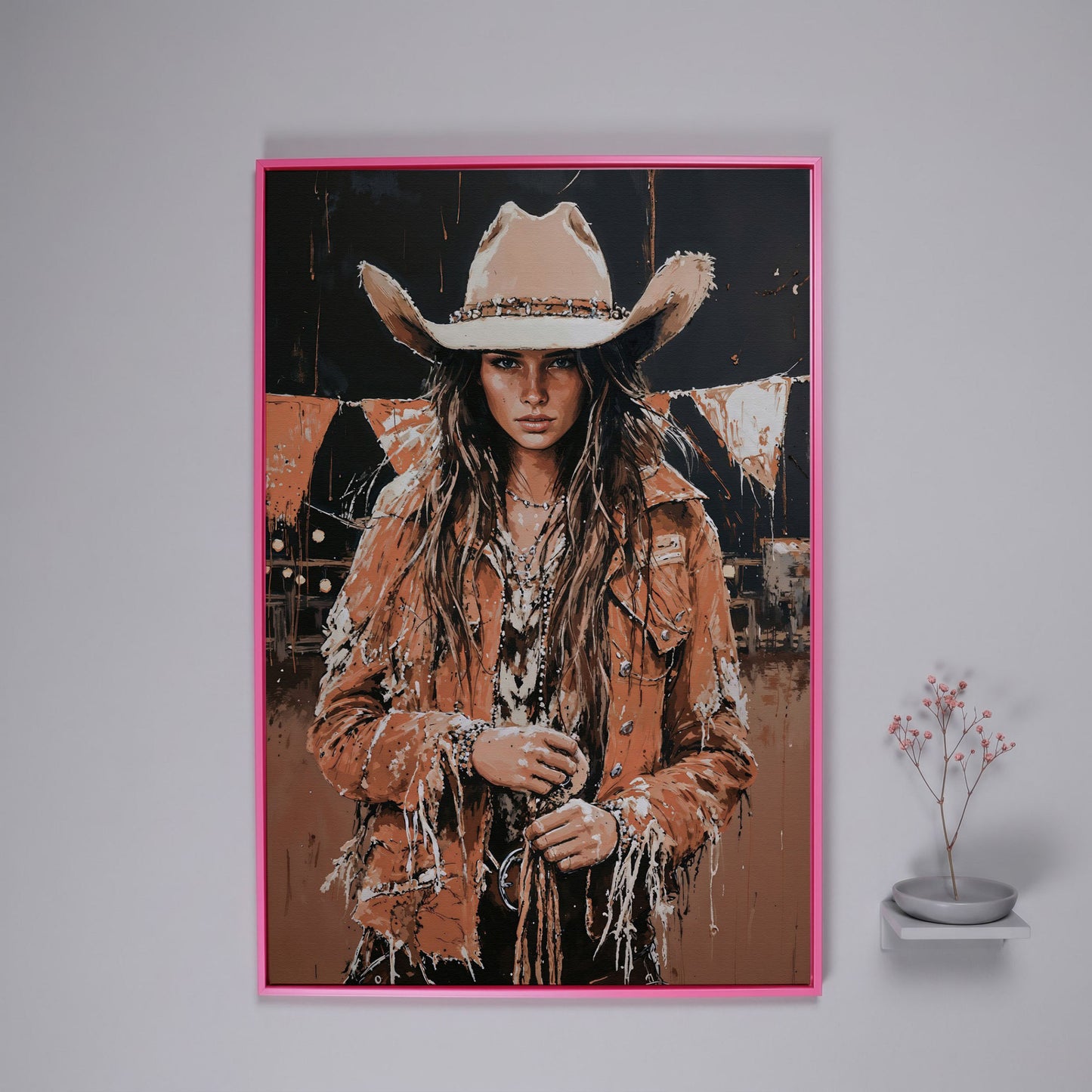 Rodeo Cowgirl Portrait Canvas Wall Art, Western Decor in pink floating frame