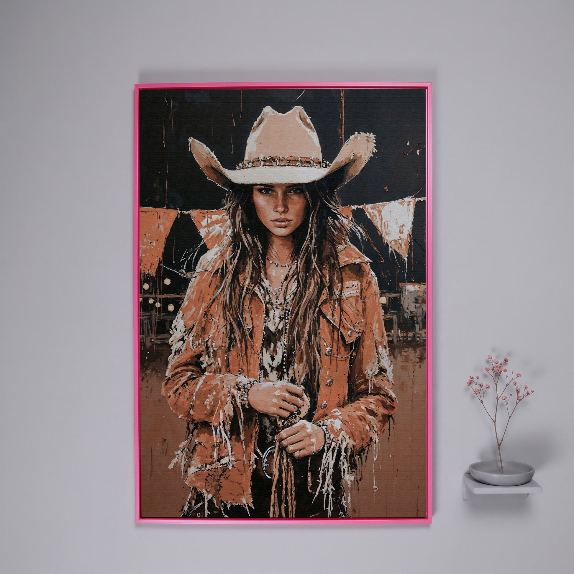 Rodeo Cowgirl Portrait Canvas Wall Art, Western Decor in pink floating frame