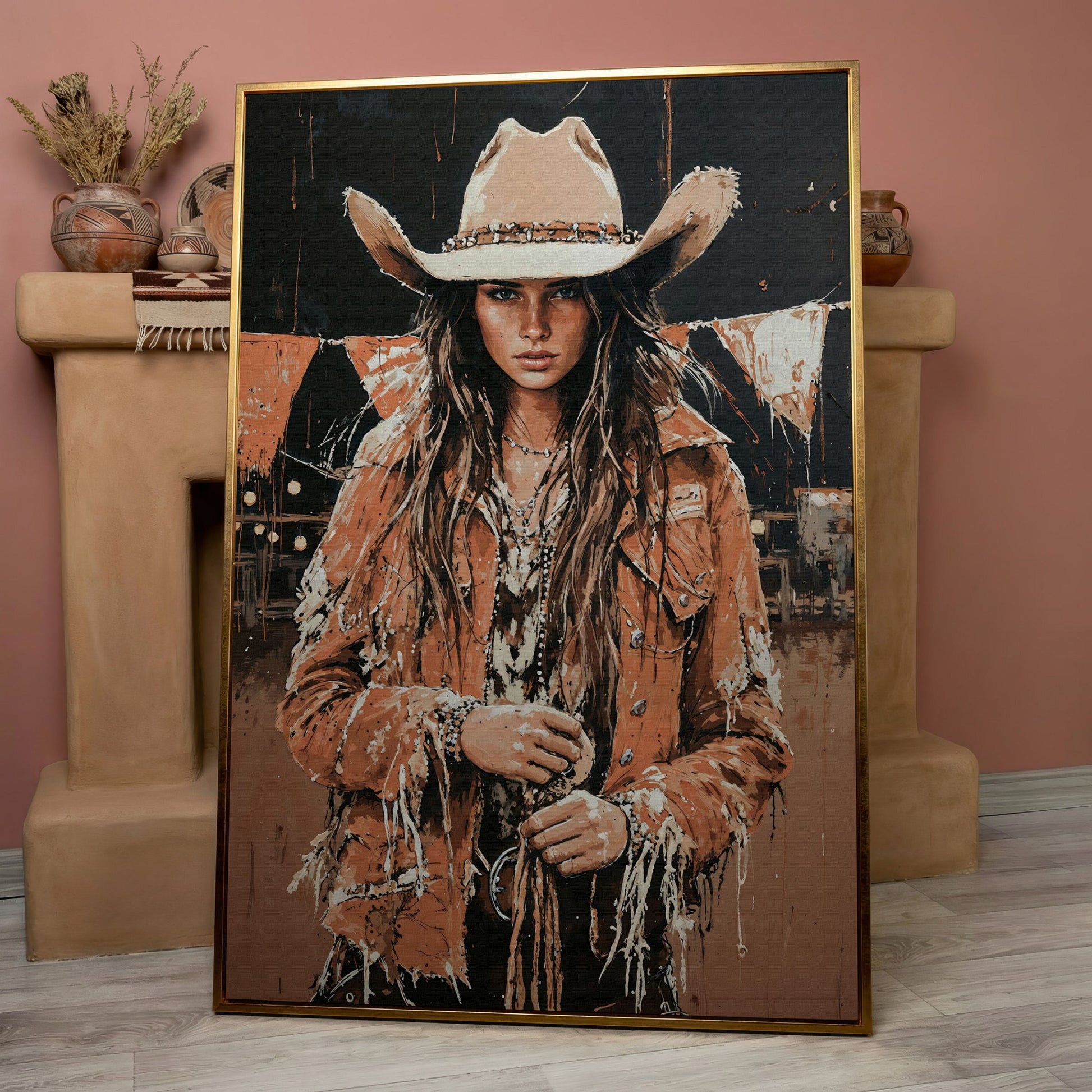 Rodeo Cowgirl Portrait Canvas Wall Art, Western Decor in rose gold floating frame