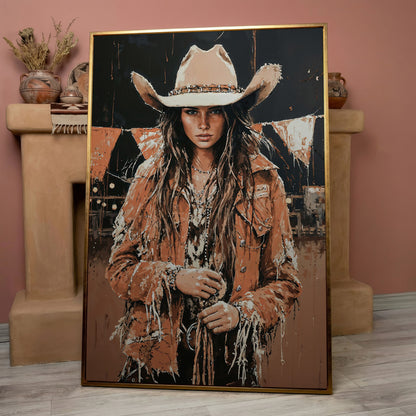 Rodeo Cowgirl Portrait Canvas Wall Art, Western Decor in rose gold floating frame