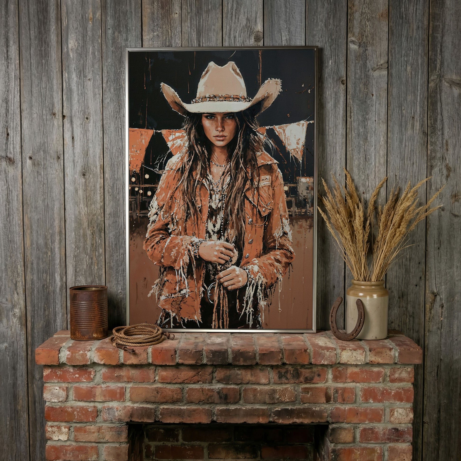 Rodeo Cowgirl Portrait Canvas Wall Art, Western Decor in silver floating frame