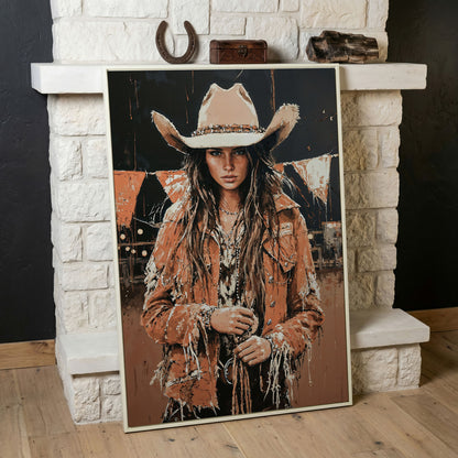 Rodeo Cowgirl Portrait Canvas Wall Art, Western Decor in white floating frame
