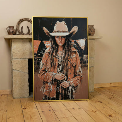 Rodeo Cowgirl Portrait Canvas Wall Art, Western Decor in yellow gold floating frame