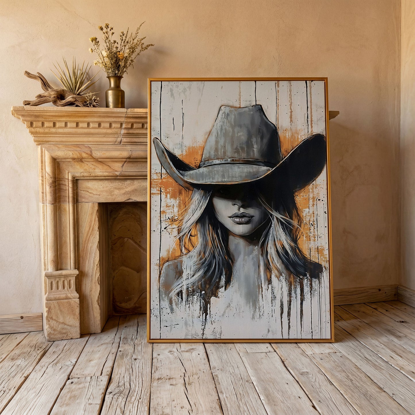 Abstract Cowgirl Portrait Canvas Wall Art, Western Hat Figure in antique gold floating frame