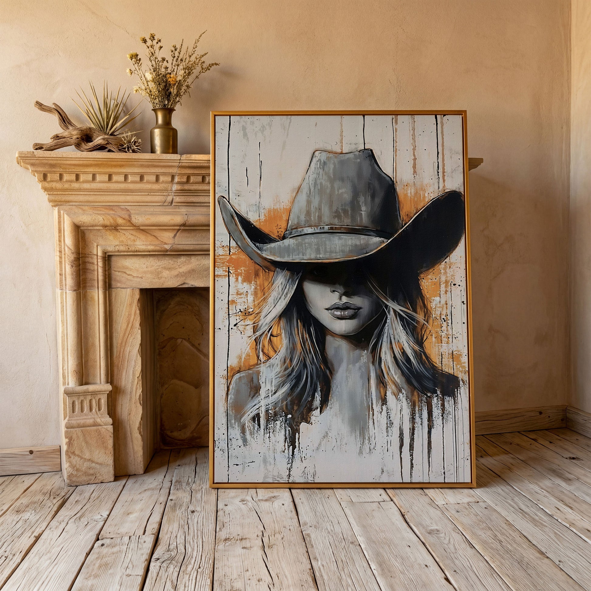 Abstract Cowgirl Portrait Canvas Wall Art, Western Hat Figure in antique gold floating frame