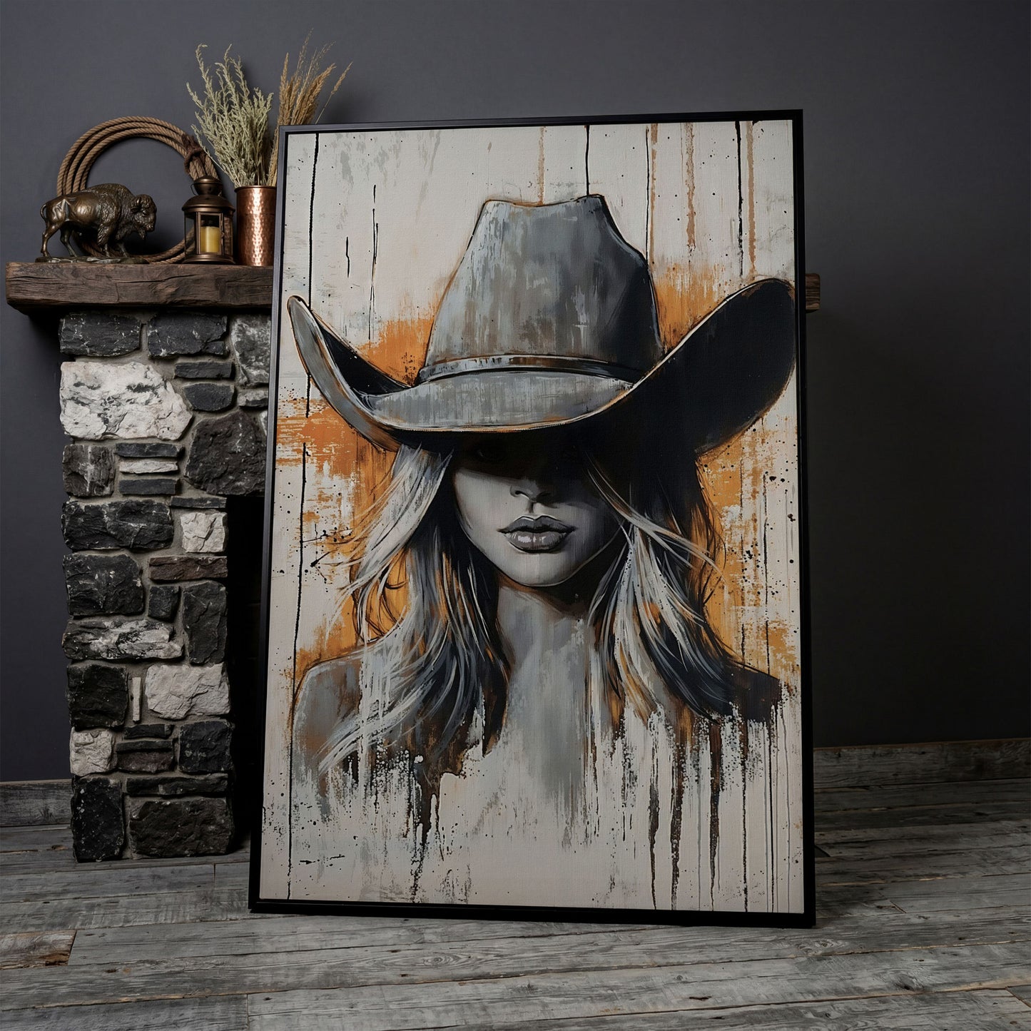 Abstract Cowgirl Portrait Canvas Wall Art, Western Hat Figure in black floating frame