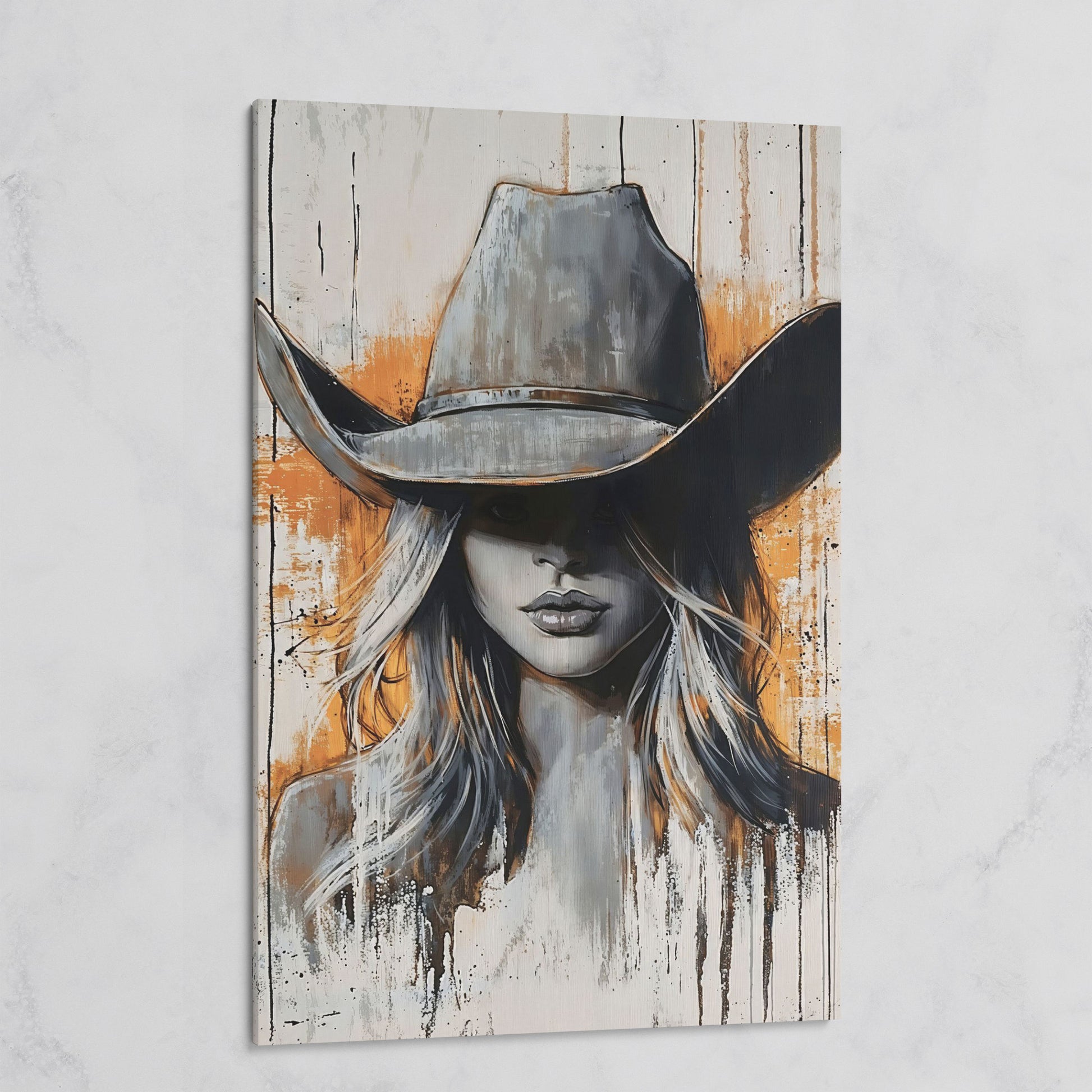 Abstract Cowgirl Portrait Canvas Wall Art, Western Hat Figure on gallery wrap